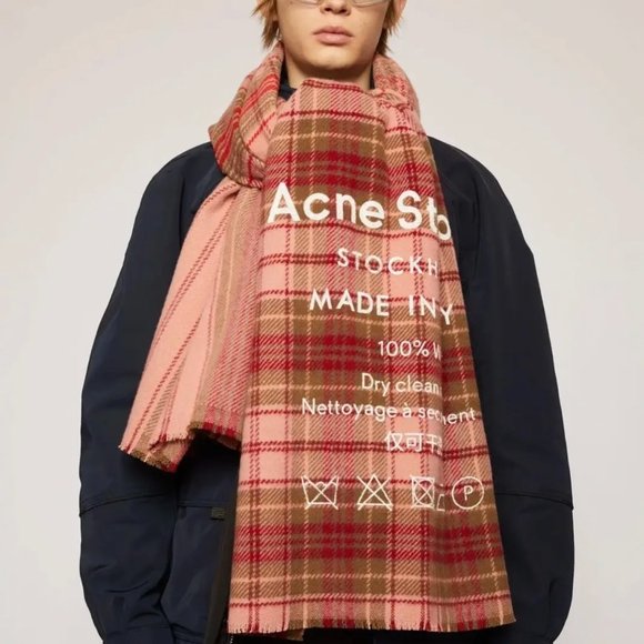 Acne Studios Accessories - Acne coral pink plaid cashmere wool scarf